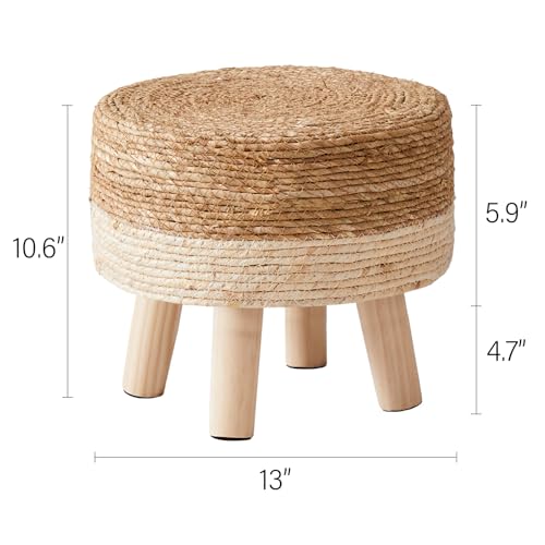 Foot Stool Natural Seagrass Hand Weave Poufs Round Ottoman for Couch Desk Soft Step Stool Padded Foot Rest with Non-Skid Pine Legs for Hallway Office Lounge Natural/White