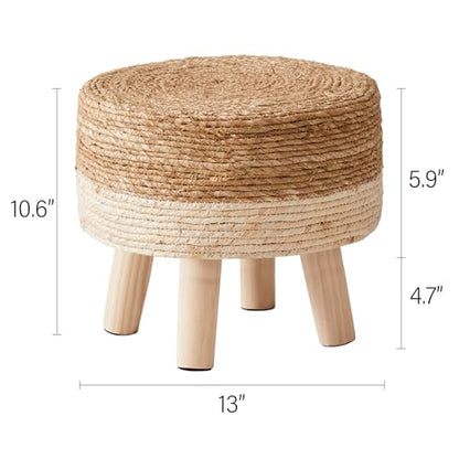 Foot Stool Natural Seagrass Hand Weave Poufs Round Ottoman for Couch Desk Soft Step Stool Padded Foot Rest with Non-Skid Pine Legs for Hallway Office Lounge Natural/White
