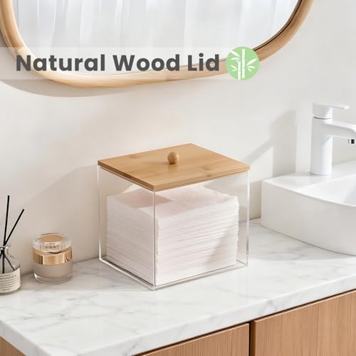 Puricon Acrylic Disposable Facial Towels Holder, Clear Storage Bin with Wood Lid Compatible with Clean Skin Club Towel (NOT Included), Face Towelettes Container for Bathroom Counter -Original