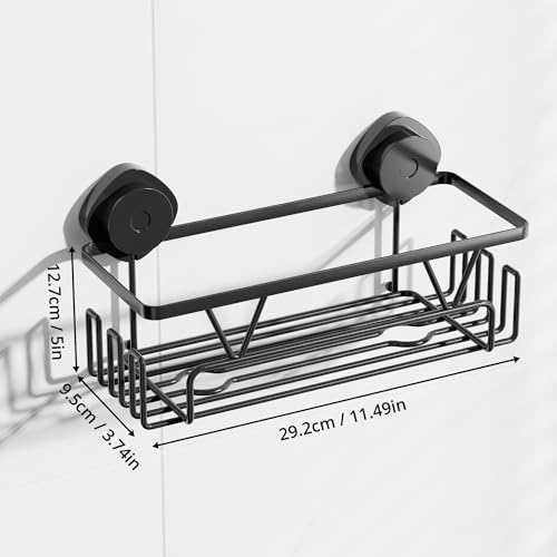 KEGII Suction Cup Shower Caddy with Hooks, No Drill Bathroom Organizer | Large Capacity Stainless Steel Shelf, Heavy Duty Hold for Shampoo and Body Wash on Smooth Surfaces, Black