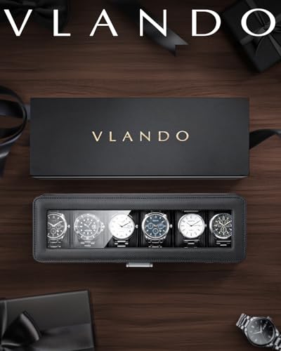 VLANDO Watch Case for Men,6-Slot Lockable Watch Box for Men with Glass Lid