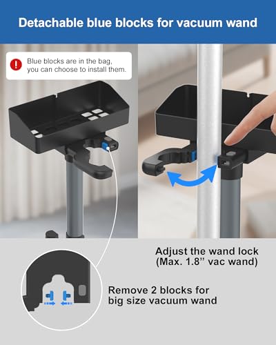 Cordless Adjustable Vacuum Cleaner Stand for Max. 1-4/5" Vac Wand, Universal Stick Vacuum Docking Station, Height Adjustment, 7 Accessory Holders, Storage Box, Black
