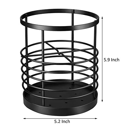 Utensil Holder for Kitchen Countertop,Metal Spatula Holder,Cooking Utensil Holder for Spoon,Wire Utensil Organizer,Stainless Steel Round Utensil Caddy Crock Flatware Storage Counter (Black)