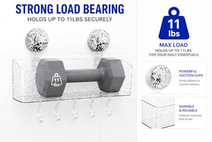 HOME&I Suction Cup Shower Caddy with Twist-to-Lock Mount, Drill-Free Bathroom Organizer for Toothbrush, Toothpaste & Razor, Self-Draining Storage Rack with 5 Hooks