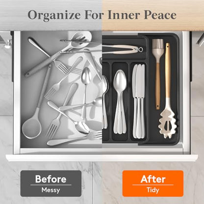 Expandable Silverware Drawer Organizer for Kitchen... (Black | Plastic)