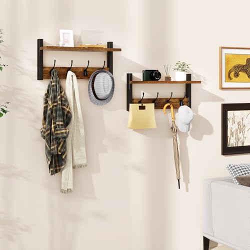 YMYNY Coat Rack Wall Mount with Shelf and Hooks, Rustic Brown UHWS001H-2 | 2 Pack Wooden Wall Mounted Coat Hanger with Shelf and 8 Double Hooks, Wall Coat Rack for Entryway Hallway Bedroom Bathroom