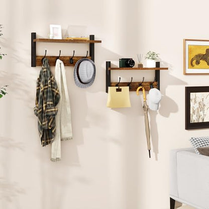 YMYNY Coat Rack Wall Mount with Shelf and Hooks, Rustic Brown UHWS001H-2 | 2 Pack Wooden Wall Mounted Coat Hanger with Shelf and 8 Double Hooks, Wall Coat Rack for Entryway Hallway Bedroom Bathroom