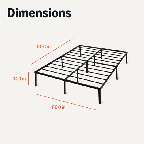 Amazon Basics Metal Bed Frame, Non-Foldable Platform with Under-Bed Storage Space, Durable Steel, Protective Floor Pads, Easy Assembly, Queen, 60W x 80L in, Black