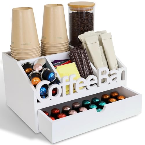 Coffee Bar Organizer Countertop,Wood Coffee Statio... (White | Wood)