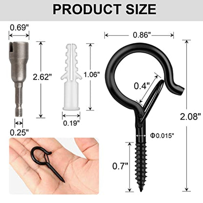 FSAH 36 PCS Q-Hanger Hooks with Safety Buckle, Windproof Screw Hooks | for Outdoor String Lights Hanging Christmas Patio Lights, Plants, Cup Eye Hooks Mount on Wall Ceiling Wood Fence Deck, Black