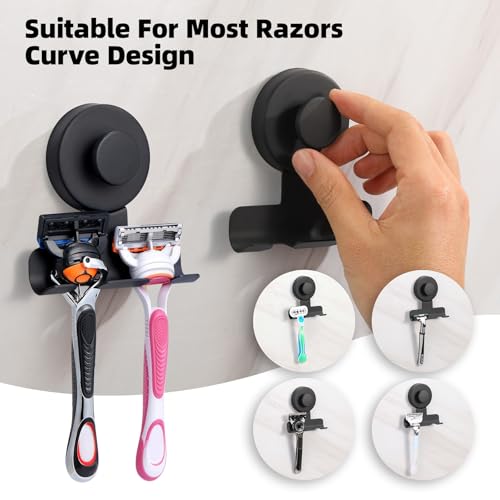 Razor Holder for Shower, Stainless Steel No-Drill Shaver Hook | Heavy-duty damage-free on tiles/glass; Holds razor/shaver, towel & loofah; Reusable, rust-resistant; 2Pcs Matte Black