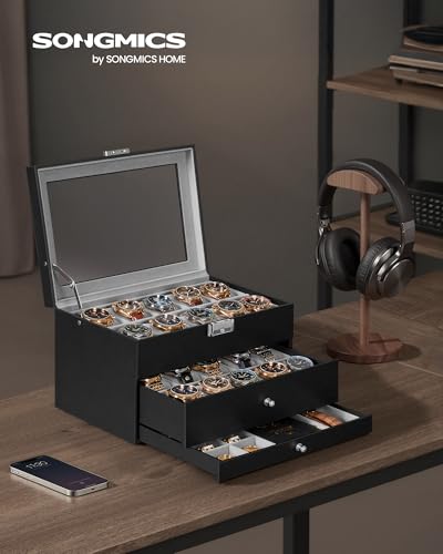 SONGMICS Watch Box, 20-Slot Watch Case Organizer, Black | Large Glass Lid, Removable Pillows, Metal Lock, Gift for Loved Ones, Grey Lining UJWB036B101