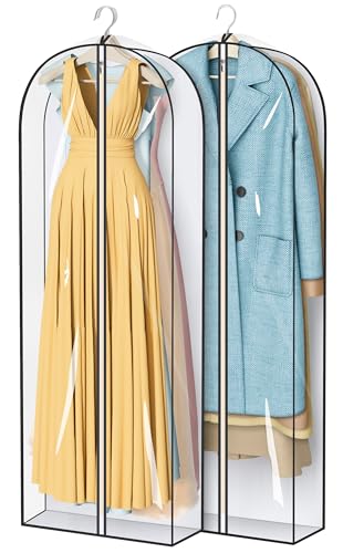 MISSLO 65" Clear Garment Bags for Hanging Clothes 4" Gusseted Dress Bags for Gowns Long Dress Cover for Closet Storage Dress Protector Bag, 2 Packs