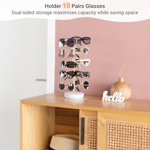 Mkono 360° Rotating Sunglass Organizer, Metal Glasses Holder Display Stand | Space-Saving, Holds 10 Eyewear Pairs, Stable Wood Base, Easy to Assemble, Dresser Desk Table Countertop Bedroom Gift Ideal