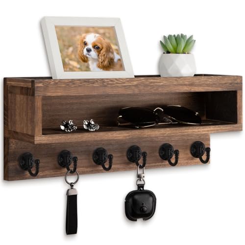 Key and Mail Holder Wall Mount, Key Hanger with Long Storage Box and 6 Hooks for Coat, Dog Leash, Home Decor Rack, House Accessories, Entry Way Organizer (Brown)