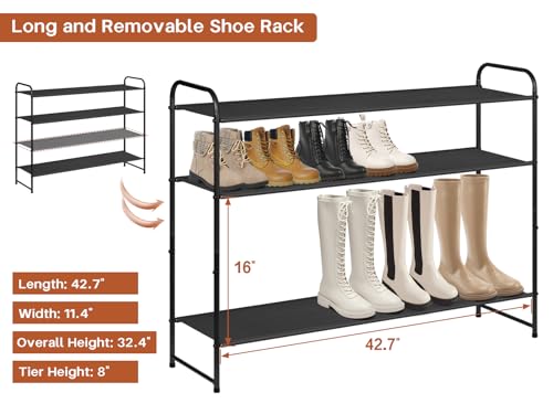 4 Tier Long Shoe Rack for Closet Floor, Wide Shoe Shelf Storage Organizer 30-Pairs Stackable Sneaker Organizer for Closet, Bedroom (Black)