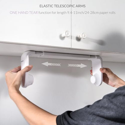 ONE Hand Tear Paper Towel Holder Under Cabinet/Wall for 9.4-11inch, White | adaptive adjustable tension arm | tear one/more sheets at one time | adhesive or drilling | abs plastic | easy to replace