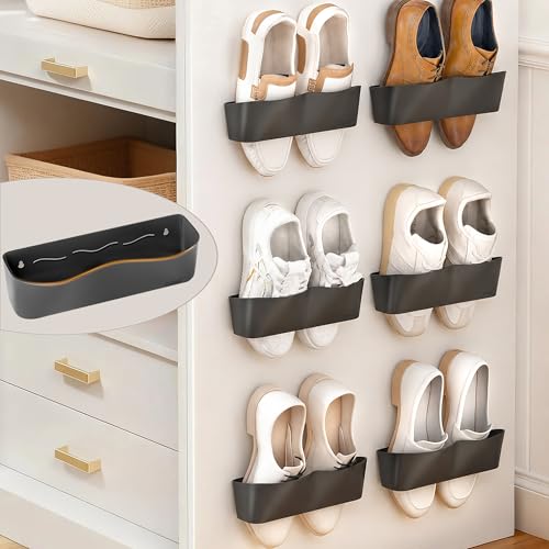 6Pack Wall Mounted Shoe Rack, Adhesive & Drill Mount - Black | Patent Protected, Reduce Clutter, Sturdy and Stable Hanging Shoe Organizer, Plastic Shoe Storage for RV, Camper, Closet Door