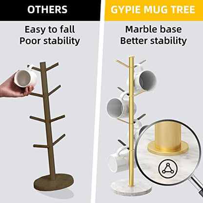 Gold Mug Holder Tree with Marble Base, 8 Hooks Standard Coffee Cups | Mug Holder Stand, Small Mug Rack for Kitchen Cafe Counter