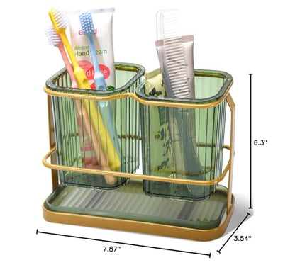 Green Toothbrush Holders for Bathrooms, 2 Cups Toothbrush Holders Wall Mounted, Dry & Wet Separation, Bathroom Organizers and Storage, Bathroom Toothbrush Holder Set for Family Kids