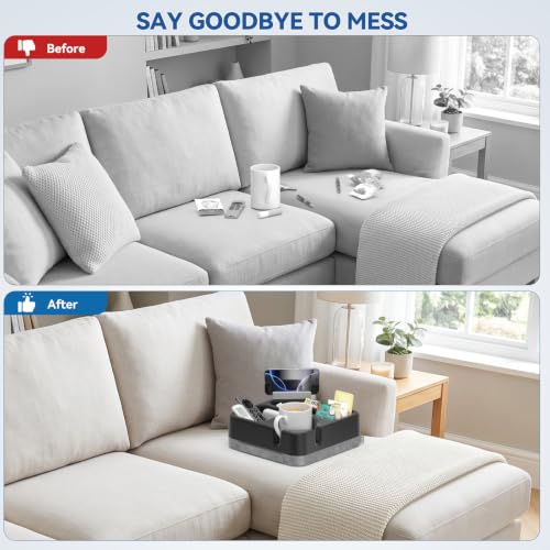 Couch Cup Holder Tray Couch Cup Holder Pillow Soft Sofa Caddy Drink Holder with 3 Compartments &Removable 360°Swivel Phone Stand, Portable Bed Snack Caddy Pillow with Handle for Tablet Controller Grey
