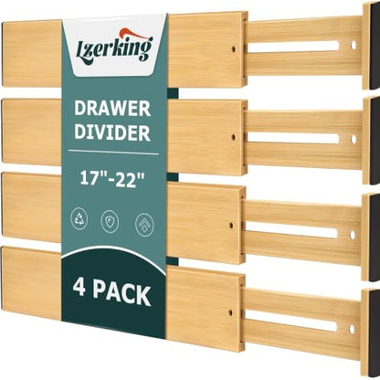 Kitchen Drawer Dividers 4 Pack Adjustable Bamboo Drawer Organizer | 17-22" Adjustable, Spring Loaded, Expandable Utensil Organizer, Works in Kitchen, Dresser, Bathroom, Bedroom, Closet