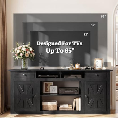YITAHOME Farmhouse TV Stand with Storage Cabinets for 65" TV, Black | 59 Inch Entertainment Center with Drawers, Power Outlet, Adjustable Shelves, TV Media Console for Living Room