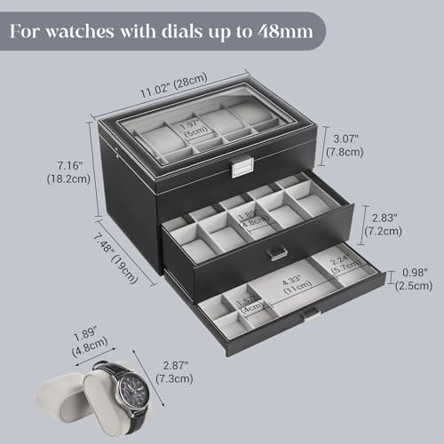 ProCase 3-Layer Watch Box with Glass Lid for Men, 20-Slot, Black | PU Outer, Velvet Lining, Jewelry Storage Organizer with Drawer, for Straps Cufflinks Rings, Gift for Men Father Dad Husband