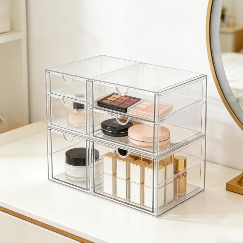 Prsildan Acrylic Makeup Organizer Clear Storage Drawer with 6 Small Drawers | Transparent, Vanity Organizers, For Bathroom Kitchen Cabinet Office Desk Under Sink, Set of 2