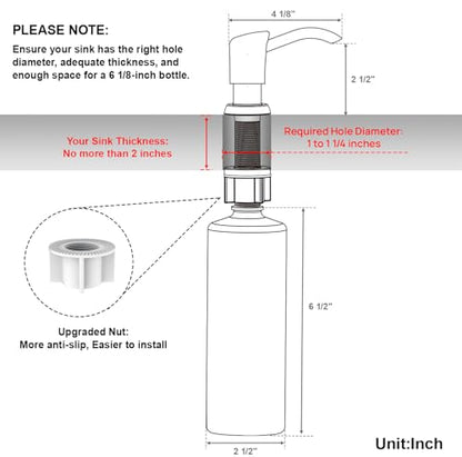 Built in Sink Soap Dispenser or Lotion Dispenser for Kitchen Sink, Brushed Nickel ABS Pump Head, with 17 Ounce Large PET Soap Bottle