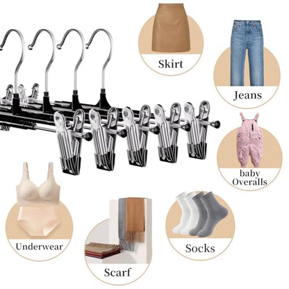 Pants Hangers with Clips 30 Pack, 12 Inch Adjustable Non-Slip Heavy Duty Skirt Hangers for Women, Space Saving Clothes Hangers for Pants, Jeans, Trousers, Shorts, Slacks, Dresses, Black