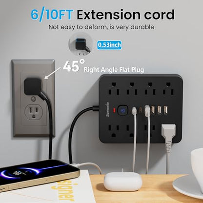 Surge Protector Power Strip, 8 Outlets(1850W/15A/14AWG), 6 USB Charging Ports(2 USB C), 6FT Flat Plug Extension Cord Outlet Extender with Overload Protection, ETL Certified for Office