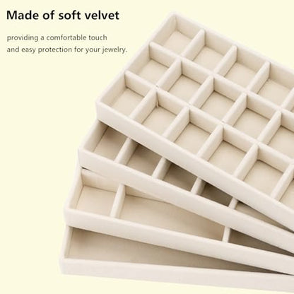 Velvet Jewelry Organizer for Drawer, Stackable Jewelry Drawer Inserts in Dresser, 8in Beige Storage Display Case for Rings Stud Necklaces Accessories, Set of 4