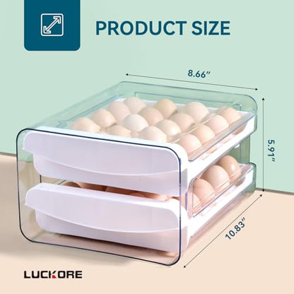 Luckore 2 Tier Egg Holder for Fridge Container for 40 Eggs with Drawer | Clear Stackable Egg Organizer Holder Tray for Fridge, Storage Container with Handles for Refrigerator, Countertop