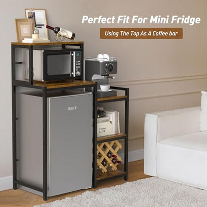 Mini Fridge Stand with Storage Shelves, 5-Tier Mini Fridge Cabinet, Brown | Microwave Organizer Shelf and Baker Rack, Wood Utility Storage Shelf with Mini Fridge Storage Space for Dorm Kitchen