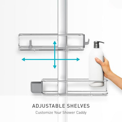 simplehuman X-Large Adjustable Hanging Shower Caddy, Handheld Showerhead Compatible, Family-Size Bathroom Organizer with 12-Inch Extended Neck, Adjustable Shelves, Rust-Proof Stainless Steel