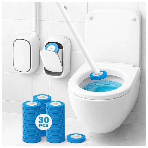 CiLoN 30 Pack Disposable Toilet Bowl Brush & Holder Set with Auto-Open Lid | Wall-Mounted Disposable Toilet Cleaning Set For Touch-Free Space-Saving Hygienic Modern Bathrooms (Starter Kit + 30 Sponge)