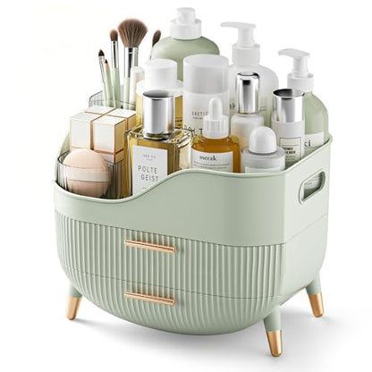 Pajiriona Makeup Organizer with Drawers, Green Skincare Organizer for Vanity, Storage Box with Handle, Large Cosmetic Display Case for Dresser, Bathroom Countertop