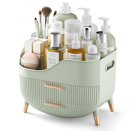 Pajiriona Makeup Organizer with Drawers, Green Skincare Organizer for Vanity, Storage Box with Handle, Large Cosmetic Display Case for Dresser, Bathroom Countertop