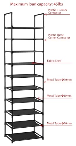 FIDUCIAL HOME 10 Tiers Shoe Rack Organizer 20 Pairs Tall Shoe Shelf | Tall Narrow Space Saving for Closet Entryway Dorm, Easy to Assemble, 17"L x 11"W x 68.8"H, Black