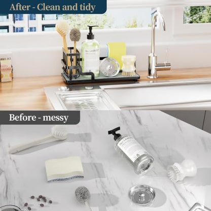 Sponge Holder for Kitchen Sink - Sink Caddy Organizer with Water Absorbing Stone Tray, Detachable Brush Holder, Stainless Steel Kitchen Counter Organizer Rack, Black