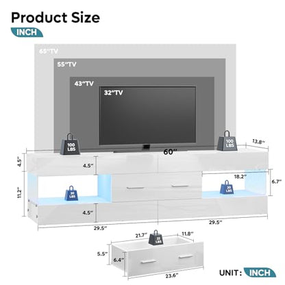 Bestier 60 Inch White Modern TV Stand, LED Entertainment Center Console | Fits up to 65 in TV, High Gloss White with Stone Pattern, Large Storage Drawer & Open Shelves, LED Lights for Living Room