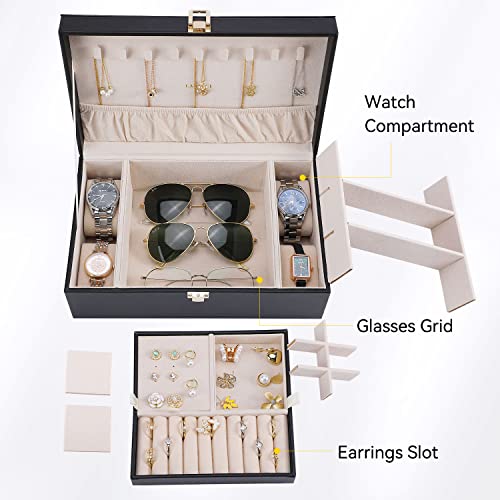 LANDICI Jewelry Box Organizer for Men Women, 2 Layer 4 Slot Watch Storage Case with Removable Tray, PU Leather Large Jewellery Holder Display for Watches Sunglasses Rings Earrings Necklace, Black