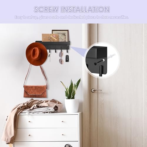 VIS'V Key Holder Wall Mount, Adhesive Key Rack with Tray, 6 Hooks, Black | 2 Mount Options, Compact Discreet Design, Suitable for Entryway, Hallway, Doorway, Kitchen, Garage, Camper