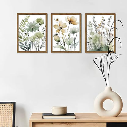 Wood Framed Sage Green Botanical Wall Art Set of 3, Boho Floral Canvas Wall Decor Paintings, Minimalist Flower Posters Prints Pictures for Bedroom Bathroom Living Room Home Decor 12x16 Inch