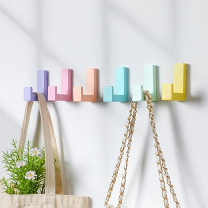 Teenyyou 6 Pack Cute Kids Coat Wall Hooks Wooden Adhesive Decorative Colorful Wall Mounted Hangers Backpack Hooks for Hanging Keys Towel Clothes Bathroom Organization(Pastel,6 Pcs)