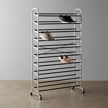Amazon Basics 50-Pair Shoe Rack Organizer, Portable Rolling with Locking Wheels, Free Standing, 35.8 x 14.6 x 59.5 inches, Chrome