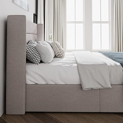 SHA CERLIN Queen Size Lift Up Hydraulic Storage Bed Frame Light Beige | Modern Wingback Headboard, Upholstered Platform Bed Frame, Hydraulic Underneath Storage, No Box Spring Needed