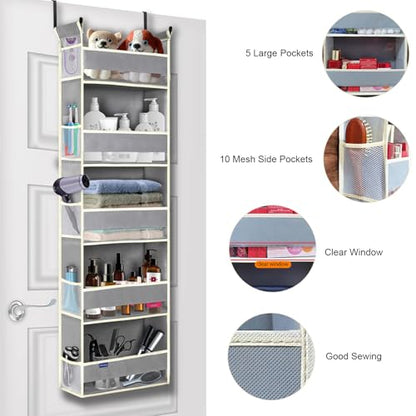 Over The Door Organizer 5-Shelves and 10 Side Pockets, Over The Door Storage for Bathroom Bedroom Nursery, Hanging Door Organizer for Baby Diapers and Kids Toys (13"x5"x44", Grey)