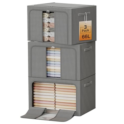 Clothes Storage Bins with Metal Frame, Foldable Clothes Organizers Storage Containers for Clothes, Sheets, Blankets, Pillows and Towels （66L, 3 Pack, Deep Grey